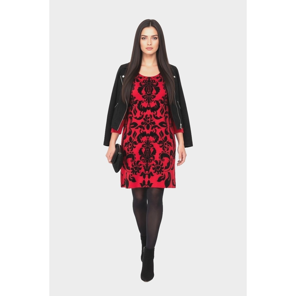 Alfani NWT Sweater Dress Red Black Large Damask Flocked Velvet Holiday Party